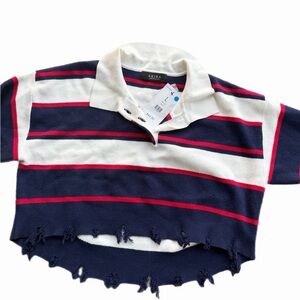AKIRA Polo with Navy, White, and Red Stripes